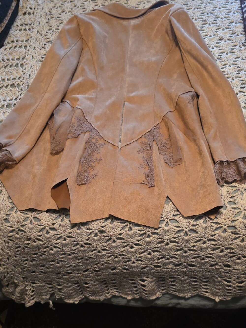 VENUS Tan Suede-Look Lace Trim Blazer - Picture 5 of 6